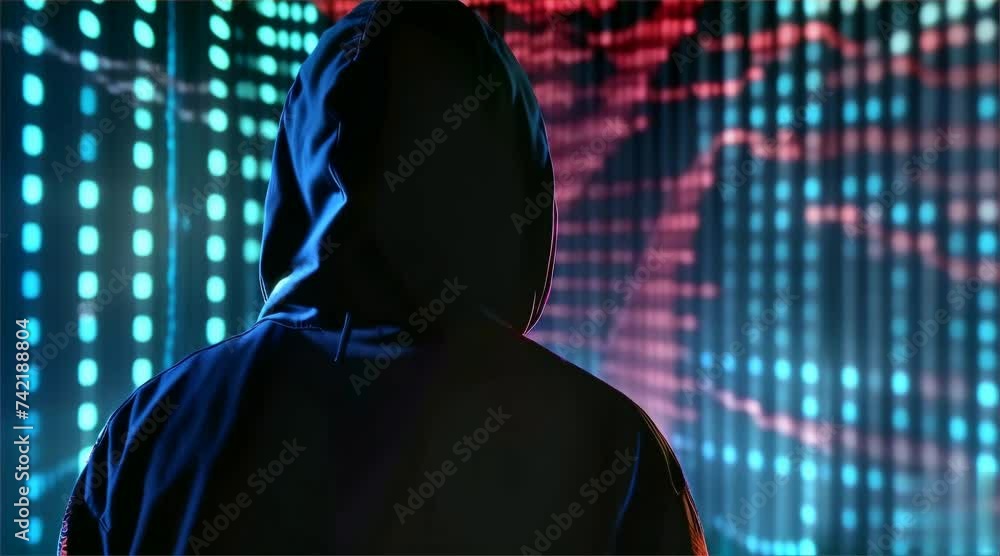 Poster a mysterious person in a hood stands before a glowing digital data screen, evoking themes of cyberse
