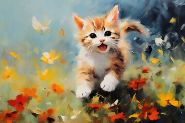 Cute kitten plays with butterflies in a flower meadow. Oil painting in impressionism style.