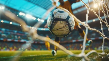 Soccer ball on goal with net and green background, this photo can use for football