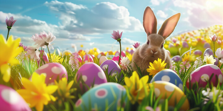 Easter bunny and easter eggs on green grass with bokeh background. Easter bunny and colorful eggs on meadow. 3d render