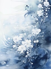 White Flowers on Blue Background Painting