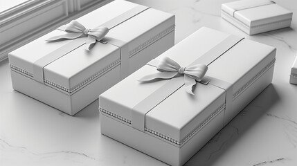 Gift box with ribbon, Mockup of three identical white boxes, Ai generated image 