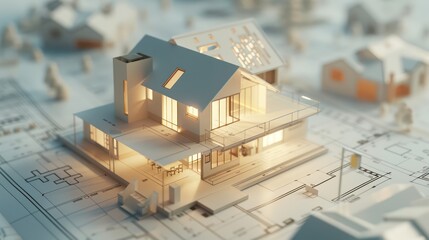 architectural house model atop a blueprint drawing, this banner layout is ideal for building construction plans, real estate sales, or conceptualizing ideas for a bank loans - obrazy, fototapety, plakaty