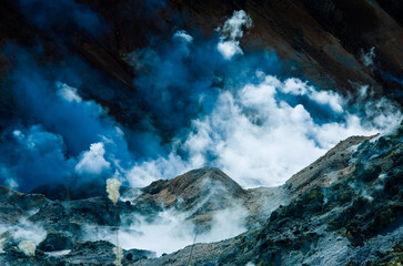 Jigokudani valley or hell valley, active volcano in Noboribetsu city, Hokkaido, Japan.