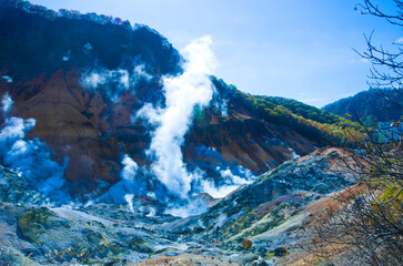 Jigokudani valley or hell valley, active volcano in Noboribetsu city, Hokkaido, Japan.