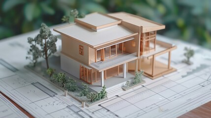 An architectural model of a house positioned on a blueprint drawing, perfect for construction plans, real estate sales, or conceptual illustrations for bank loans. Banner layout.