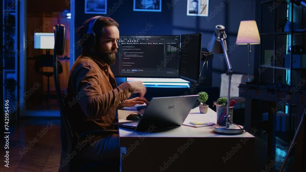 Poster hyperactive software developer suffering from adhd affliction, writing code, drinking coffee, listen