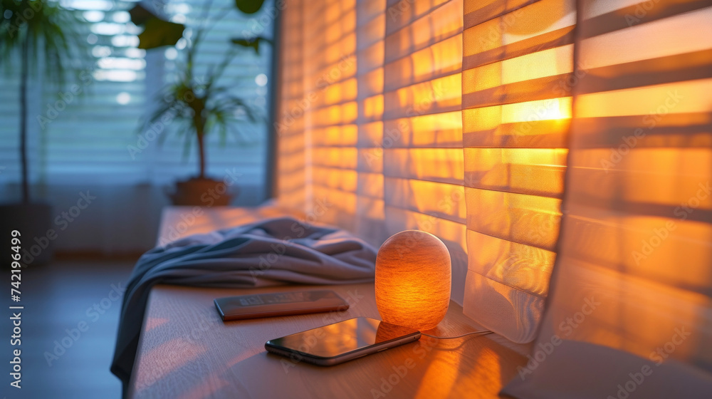 Poster a closeup of smart cellular shades being controlled via a phone app making it easy and convenient to