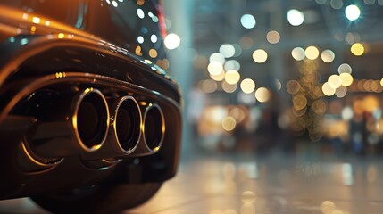 A close-up shot captures the stainless steel exhaust tip muffler pipe of a sports car, with a blurred car showroom in the background, creating a bokeh effect.
