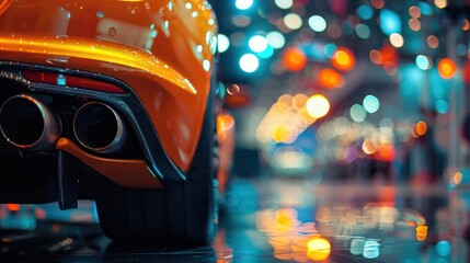 A close-up shot captures the stainless steel exhaust tip muffler pipe of a sports car, with a blurred car showroom in the background, creating a bokeh effect.
 - obrazy, fototapety, plakaty