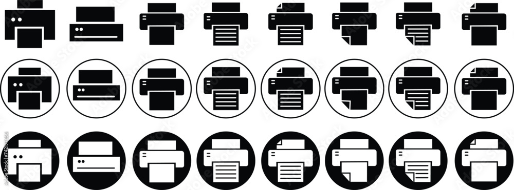Poster set of printer icons in fill styles. documents printing or fax symbols. vectors illustration for web