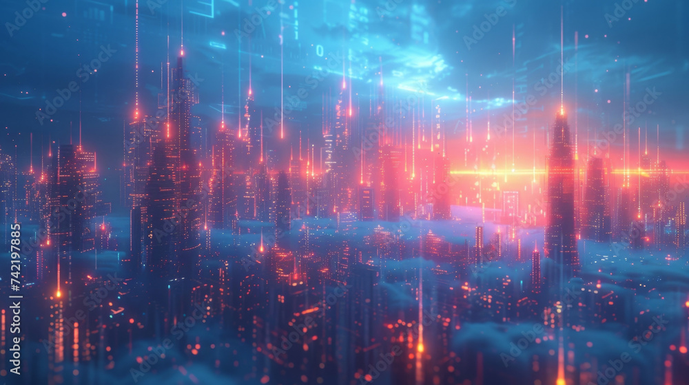 Poster a futuristic city skyline is overlaid with a series of transparent graphs and charts showcasing the 