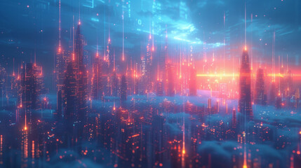A futuristic city skyline is overlaid with a series of transparent graphs and charts showcasing the predictive power of 3D data visualizations in financial analytics. The - obrazy, fototapety, plakaty