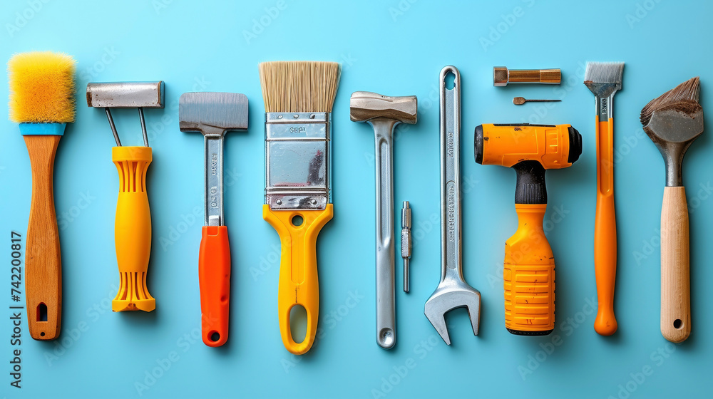 Poster tools of different shapes and sizes arranged in a neat lineup illustrating the range of tasks needed