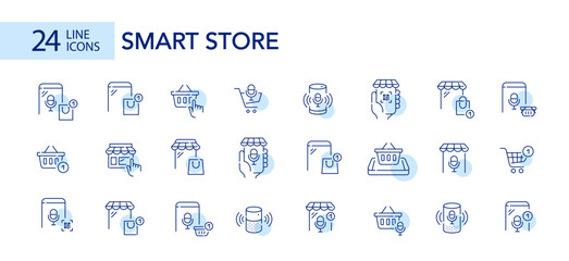 Set of smart store and online shopping app icons. Voice commerce. Pixel perfect, editable vector