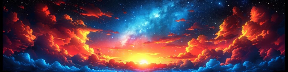 Fiery Sunset and Cosmic Clouds Panoramic View