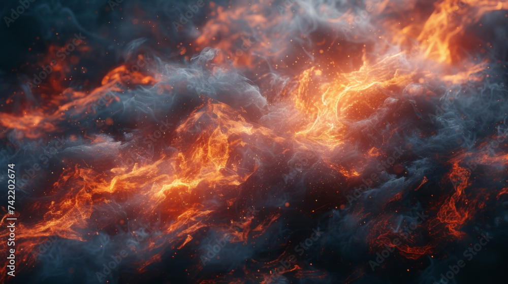 Poster texture of a powerful flame with twisted shapes and a range of fiery hues coming together in a breat