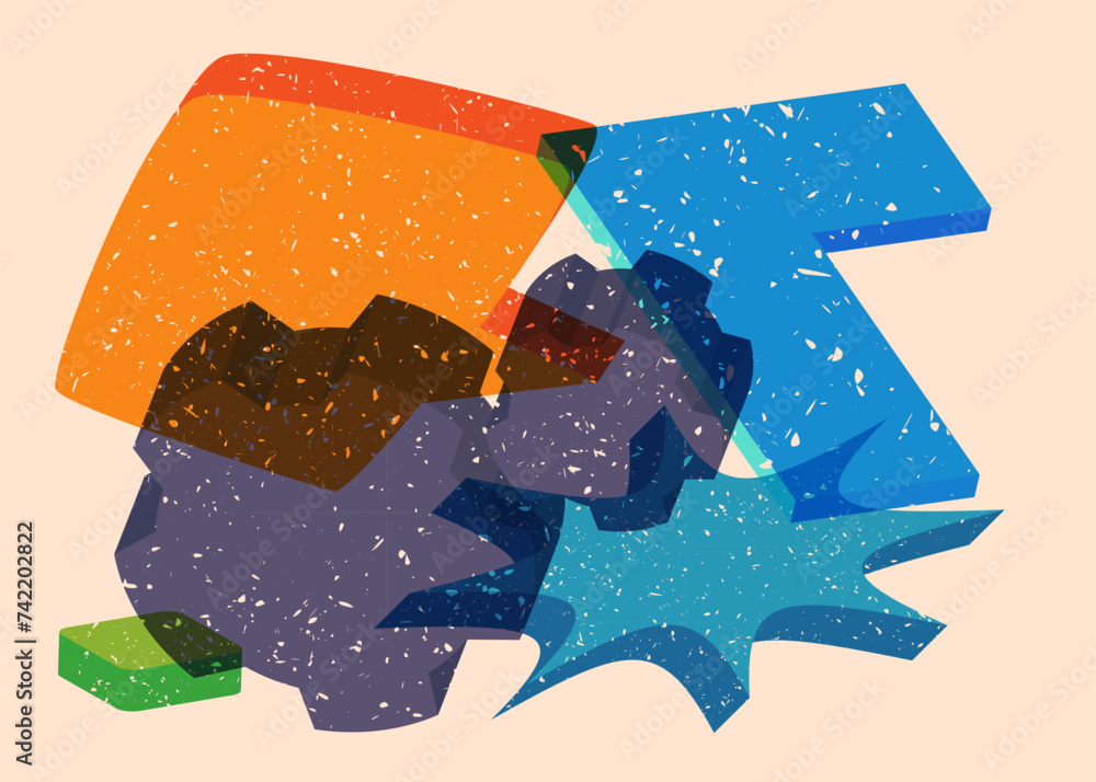 Poster risograph cogwheel with speech bubble with geometric shapes. gear in trendy riso graph print texture