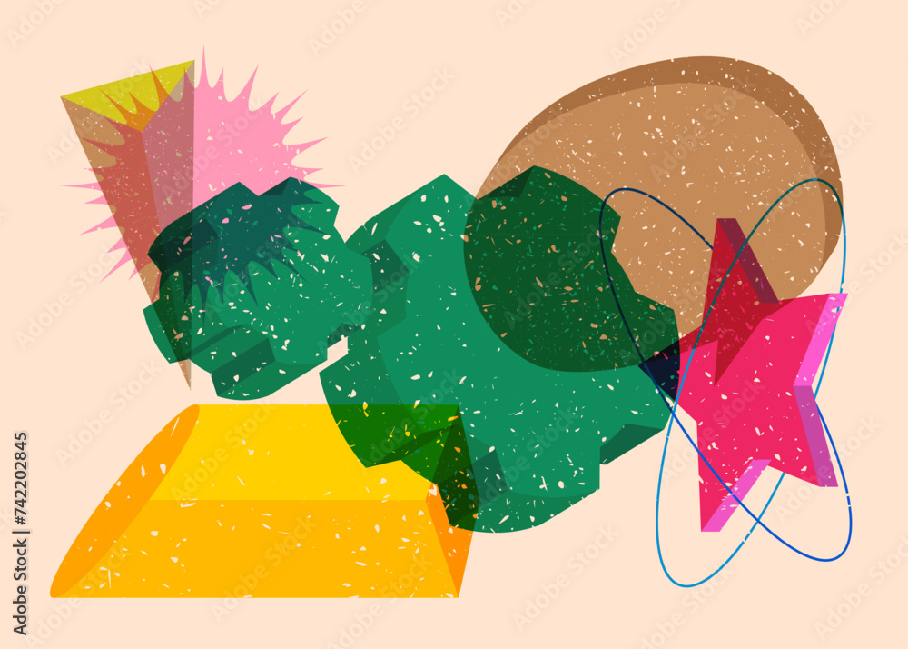 Poster risograph cogwheel with speech bubble with geometric shapes. gear in trendy riso graph print texture