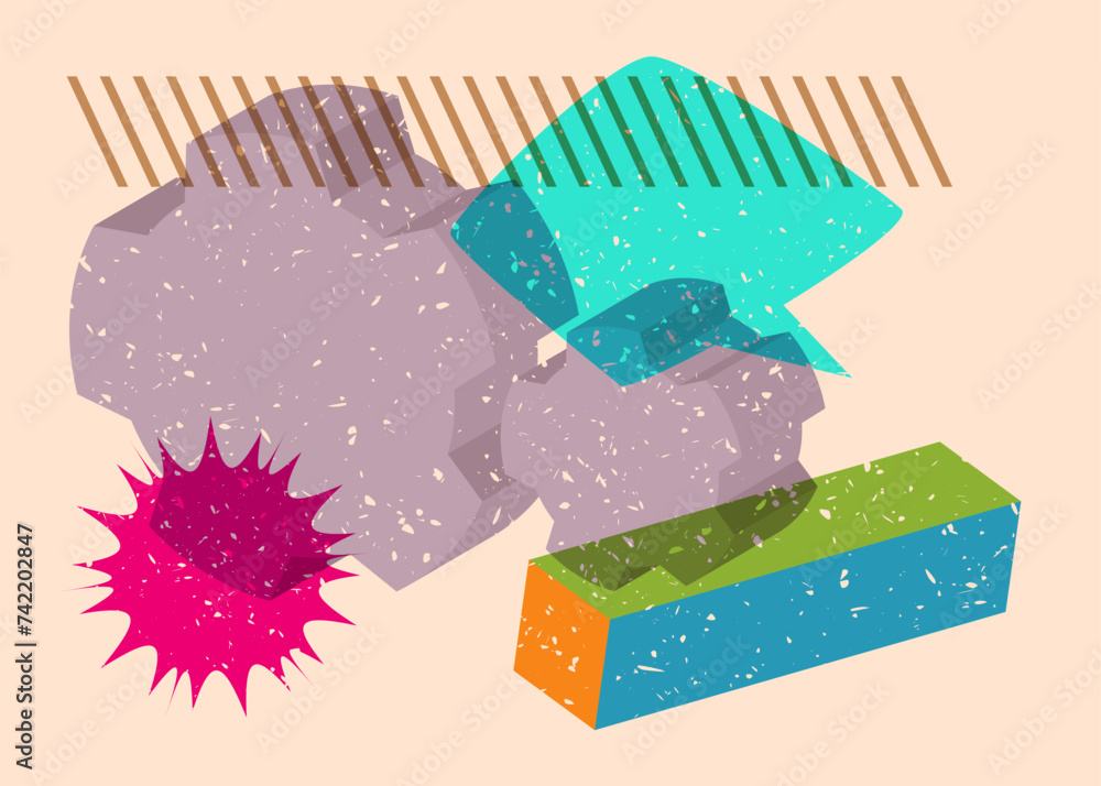 Poster risograph cogwheel with speech bubble with geometric shapes. gear in trendy riso graph print texture
