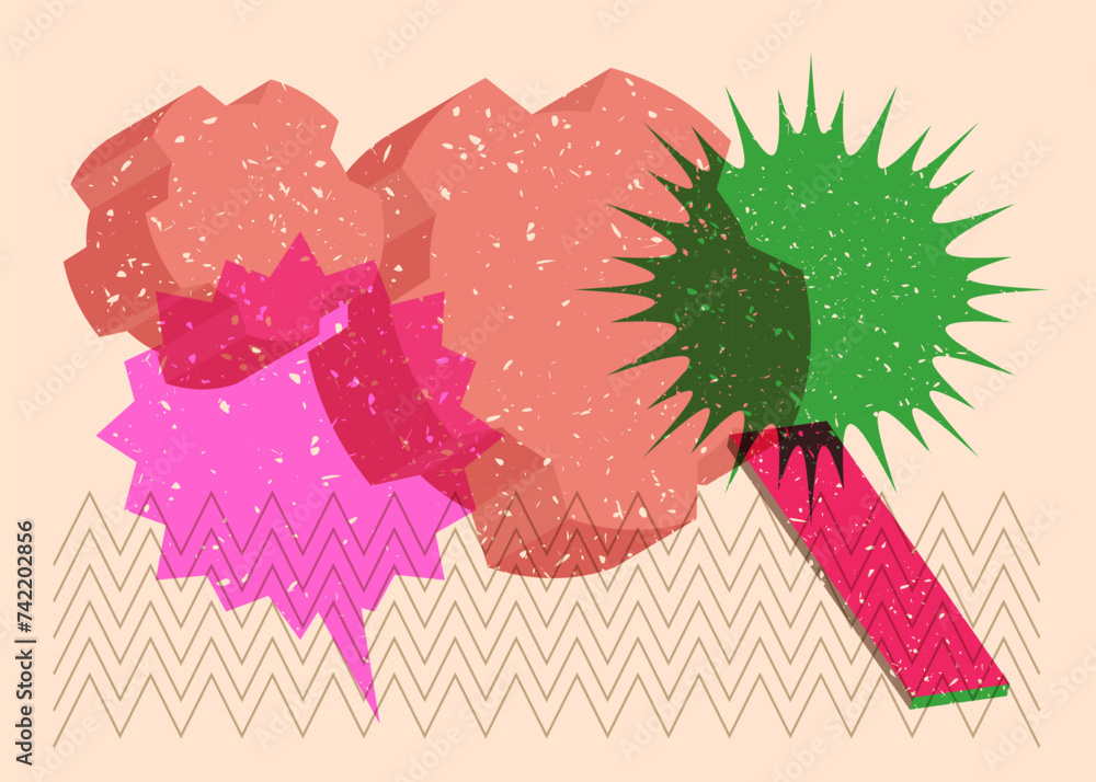 Poster risograph cogwheel with speech bubble with geometric shapes. gear in trendy riso graph print texture