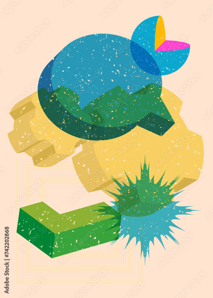 Poster risograph cogwheel with speech bubble with geometric shapes. gear in trendy riso graph print texture