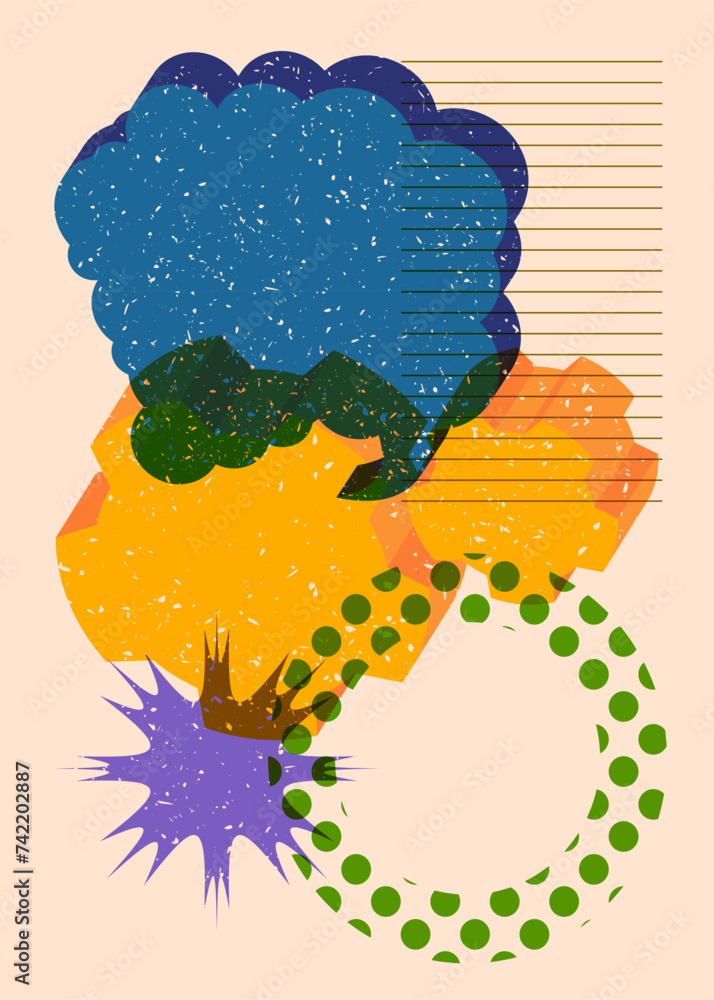 Poster risograph cogwheel with speech bubble with geometric shapes. gear in trendy riso graph print texture