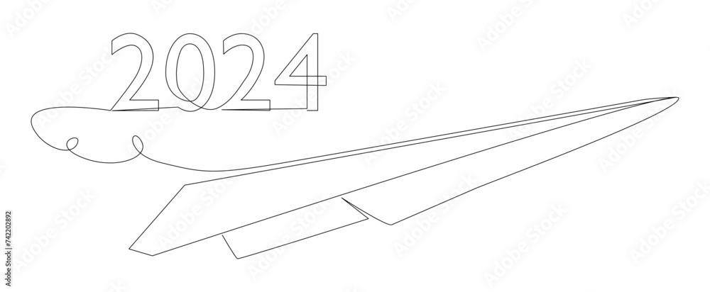 Poster one continuous line of paper airplane with number 2024. thin line illustration vector concept. conto