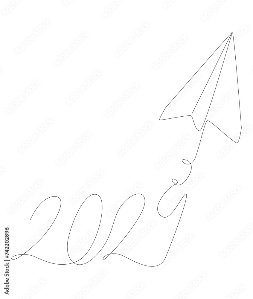 Aufkleber one continuous line of paper airplane with number 2024. thin line illustration vector concept. conto