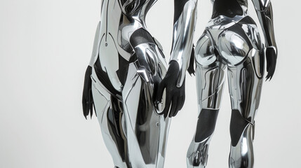 A metallic silver bodysuit with sharp angles and exaggerated shoulders evoking the image of a powerful and advanced cyborg.