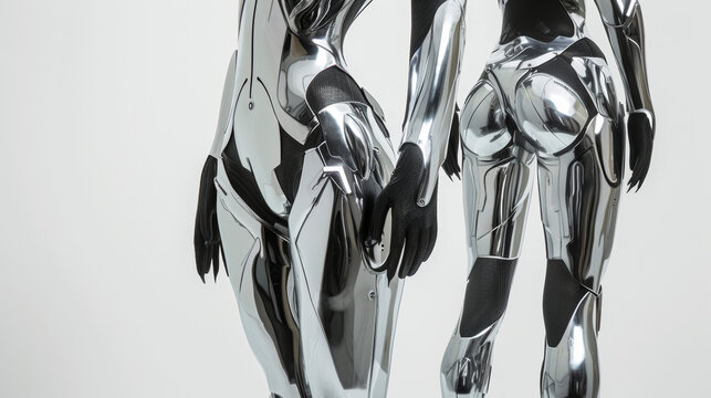 A metallic silver bodysuit with sharp angles and exaggerated shoulders evoking the image of a powerful and advanced cyborg.