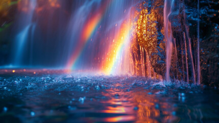 Closeup of a rainbow refracting through the mist of a waterfall adding a touch of magic and wonder to the natural landscape.