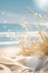 Tranquil summer beach landscape with sand dunes and sunlit beige plants