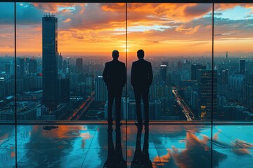 Businessmen on roof - investments, patron, business: economic growth strategic capital investment and innovative building initiatives, success in the dynamic landscape of entrepreneurial development. - obrazy, fototapety, plakaty