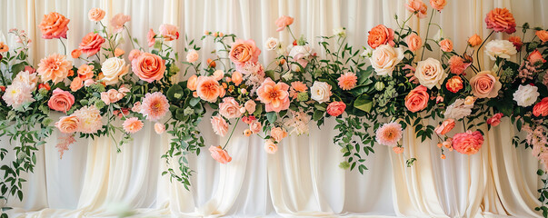 A luxurious floral arrangement with a variety of roses and greenery elegantly draped over a white pleated background.
