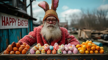 Quirky and eccentric bearded man dressed as an Easter Bunny on Easter.  Eggs - idiosyncratic humor...