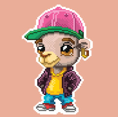 pixel art sticker mascot,cute street style camel,vectorized pixel art.