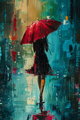Rainy Day Solitude - Woman with Red Umbrella