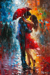 Colorful impasto painting of a couple under a red umbrella on a rainy street