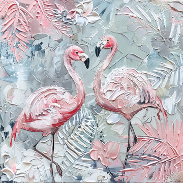 Artistic palette knife paint of two flamingos among blossoms, textured strokes