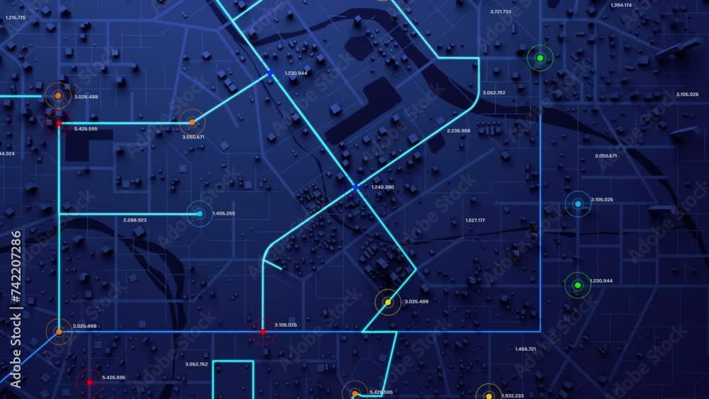 Poster 3d rendering top view city map with navigator line and destination gps technology transportation, fu