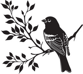 Black silhouette Sparrow bird on the branch white background