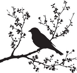 Black silhouette Sparrow bird on the branch white background