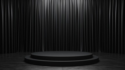 Elegant black product platform on a dark stage with black curtain