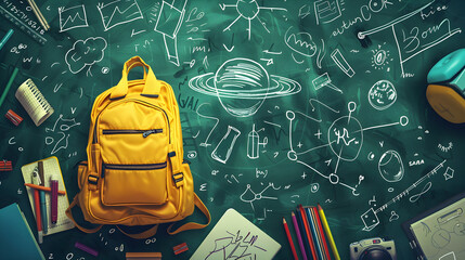 School bag on green classroom board background, teaching media concept - Powered by Adobe