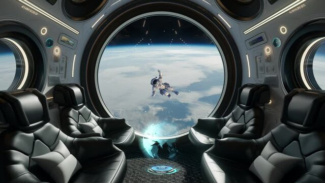 an astronaut flying. spaceship interior with view on earth 3D rendering. seamless looping overlay 4k virtual video animation background 