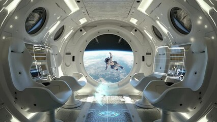 space background. spaceship interior with view on earth 3D rendering, seamless looping overlay 4k virtual video animation background 