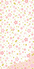 桜の花と金箔紙吹雪の和風背景/縦長/桃色・金