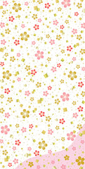 桜の花と金箔紙吹雪の和風背景/縦長/赤・桃色・金
