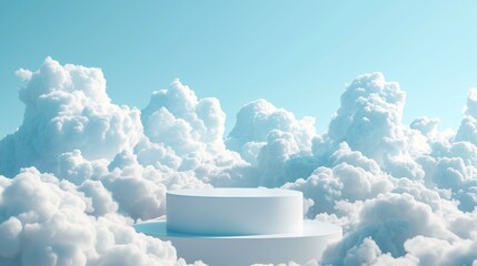 White display podium against a white clouds backdrop